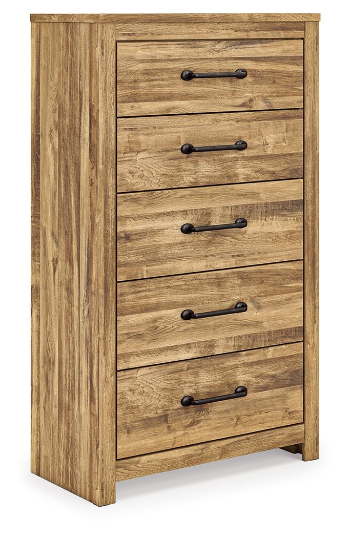 Brown five-drawer chest with black metal bar pulls, wooden plank front