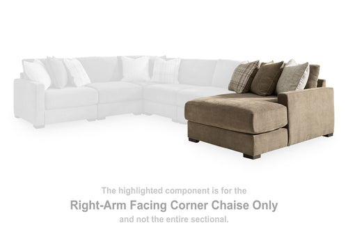 RAF corner chaise right-arm facing with coffee-brown upholstery and three cushions