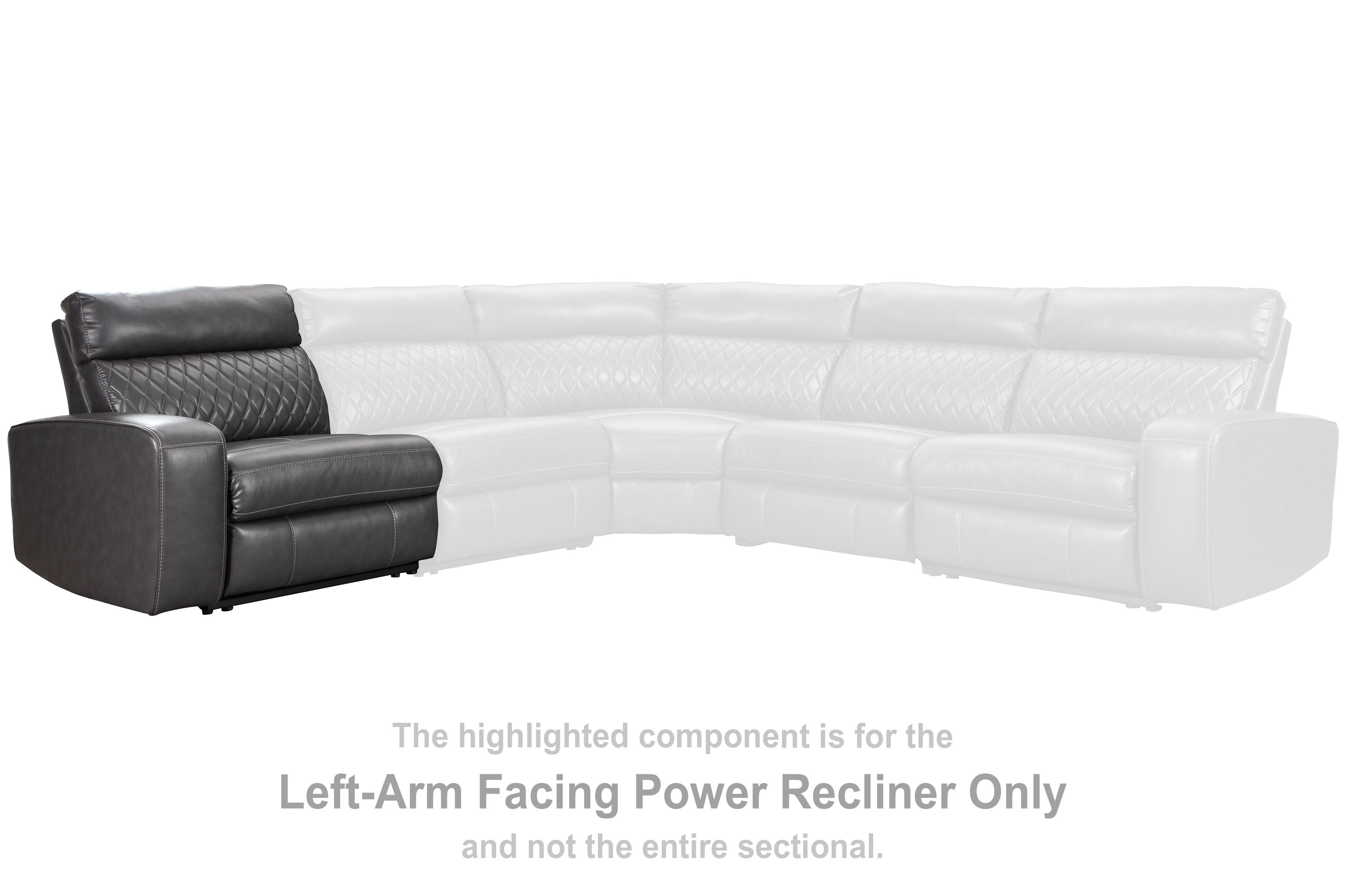 Gray left-end power recliner component with quilted back in sectional layout