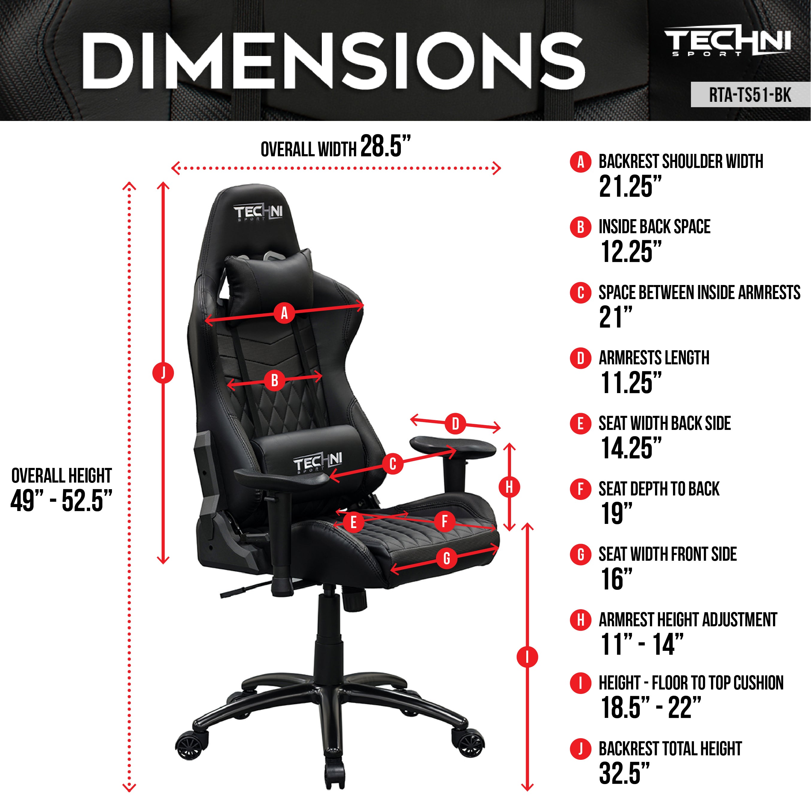 TS-5100 Ergonomic Gaming Chair- Black