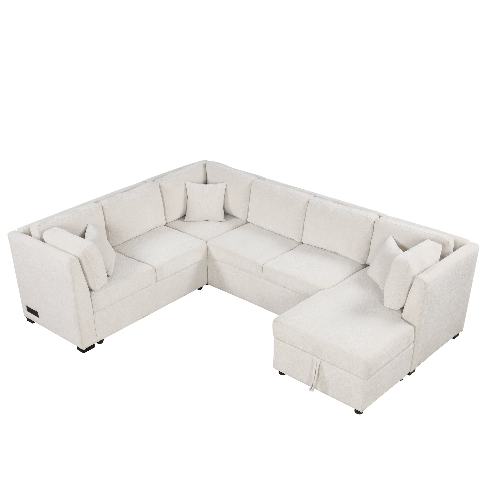 Beige U-shaped Sectional Sofa Bed with USB & Storage Chaise