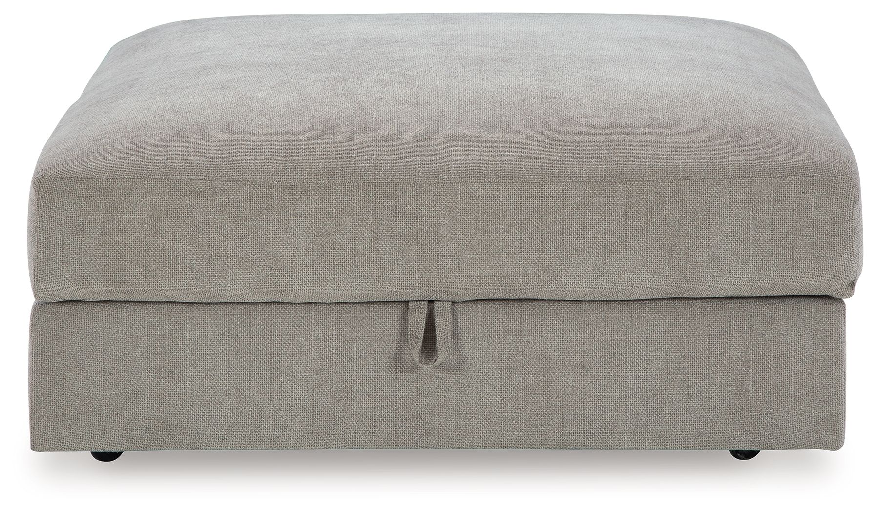 Pebble gray storage ottoman front view with hinged lid and pull tab