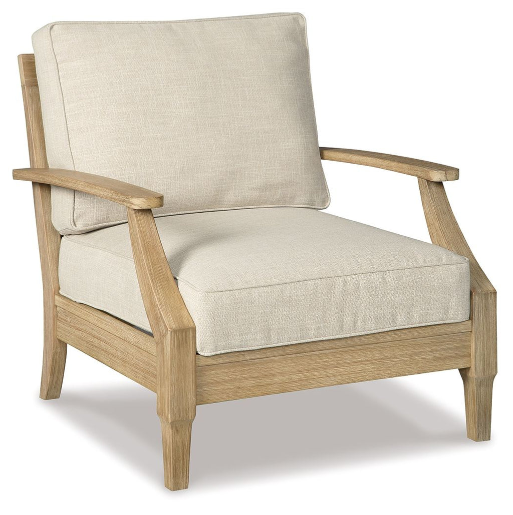 Clare View lounge chair with cushion, beige fabric, square arms and wood frame