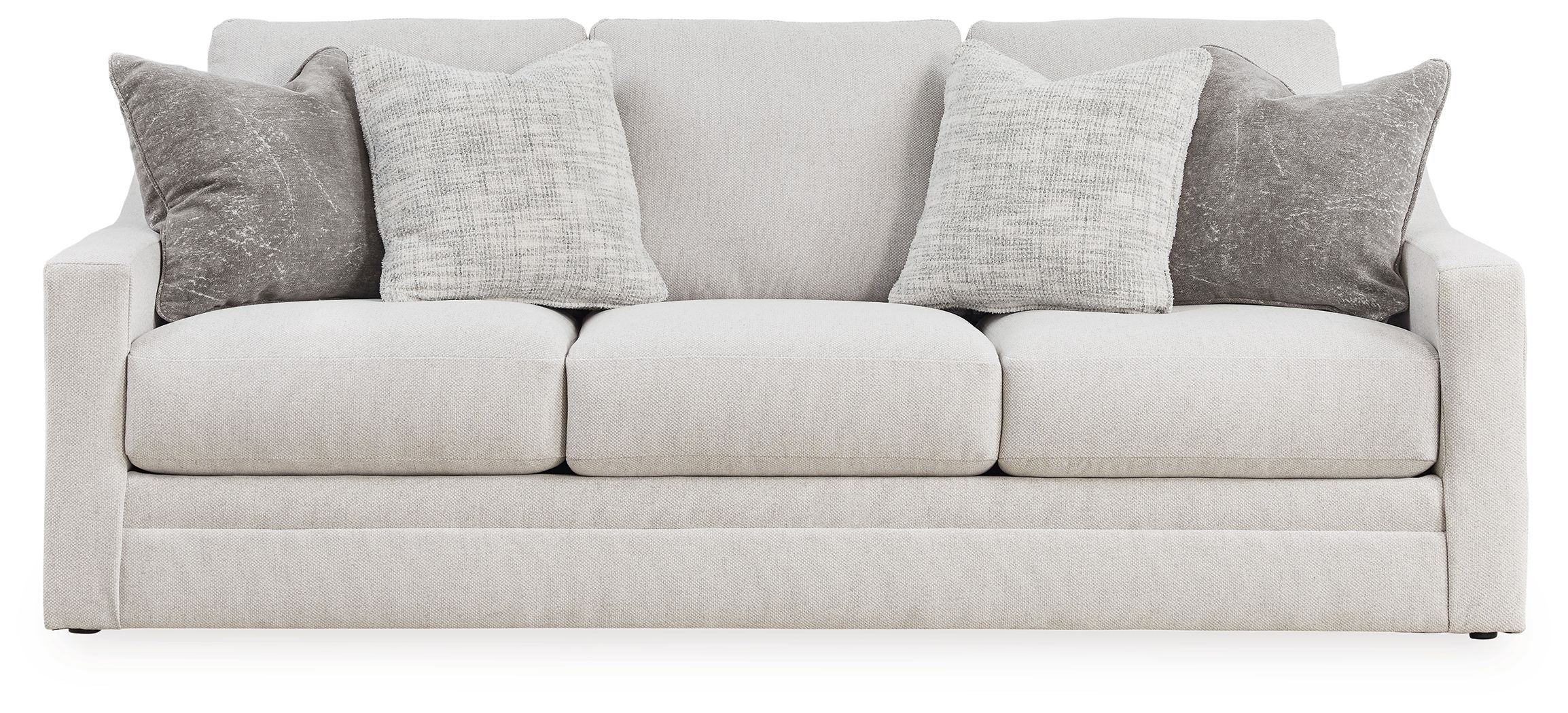 Light gray sofa with three seat cushions and multiple gray back pillows