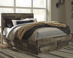 Derekson panel bedroom set bed frame, dark wood panels and upholstered headboard