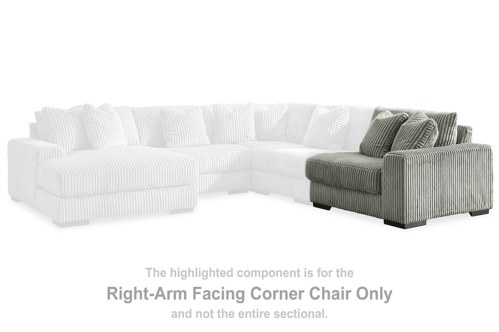 Corner sectional sofa with ribbed fabric, padded back cushions, and chaise-style armrest