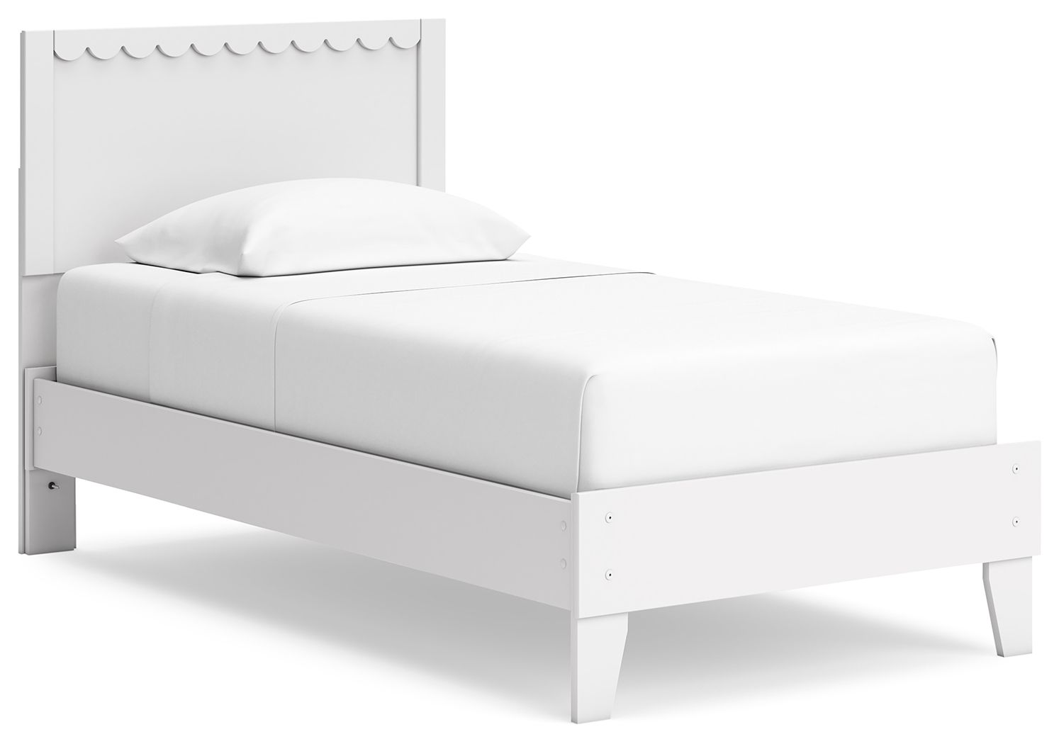 White panel platform bed with scalloped headboard and padded frame, pillow included