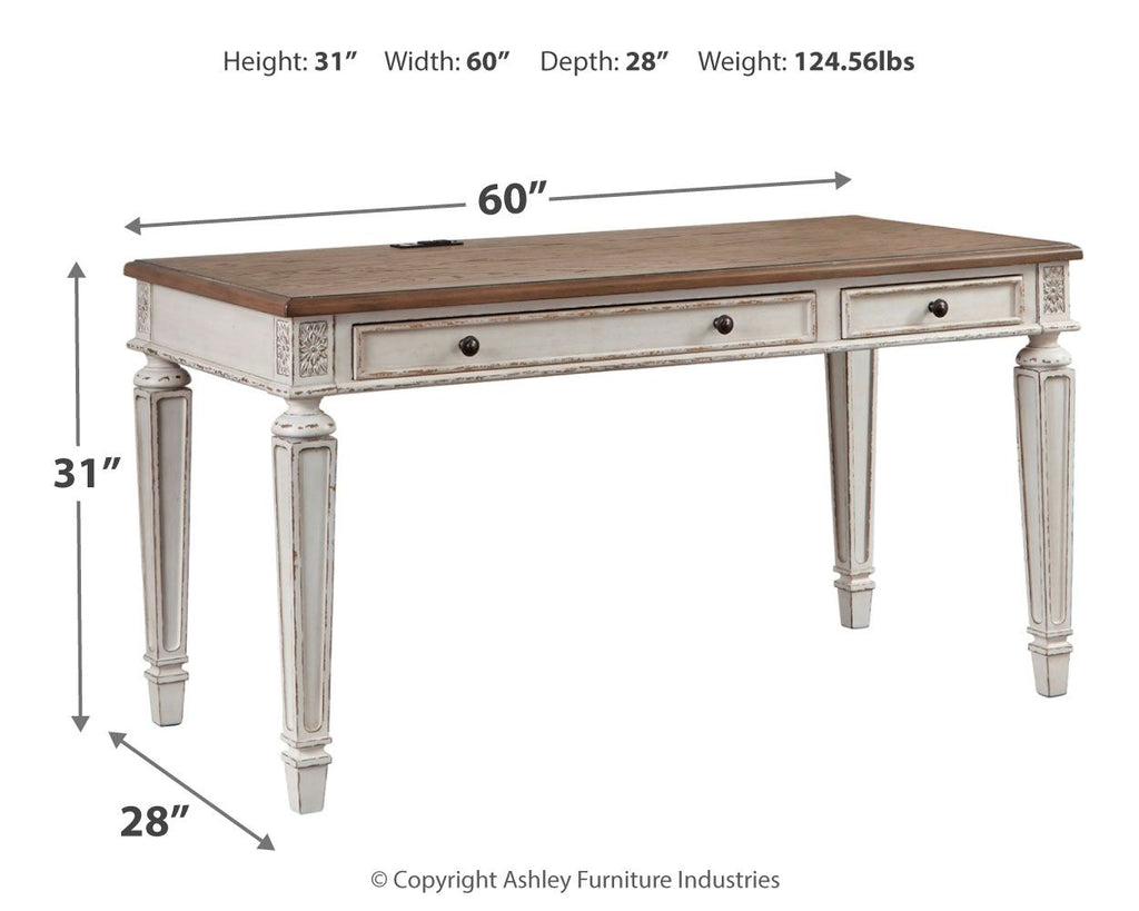 Home office desk with two drawers, shown with 60x28x31 in measurements