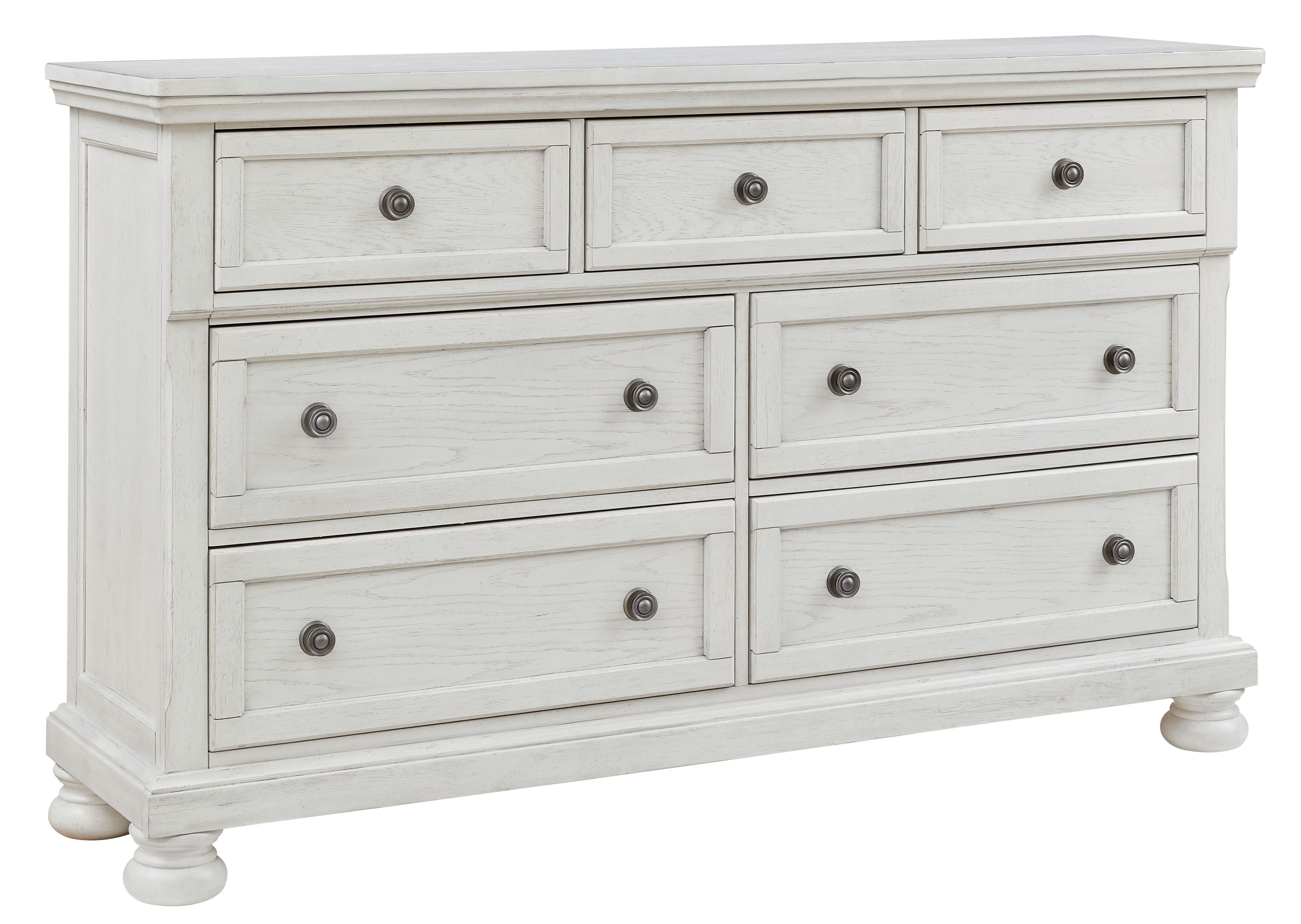 Antique white dresser with six drawers and round knob pulls in three top and three bottom.