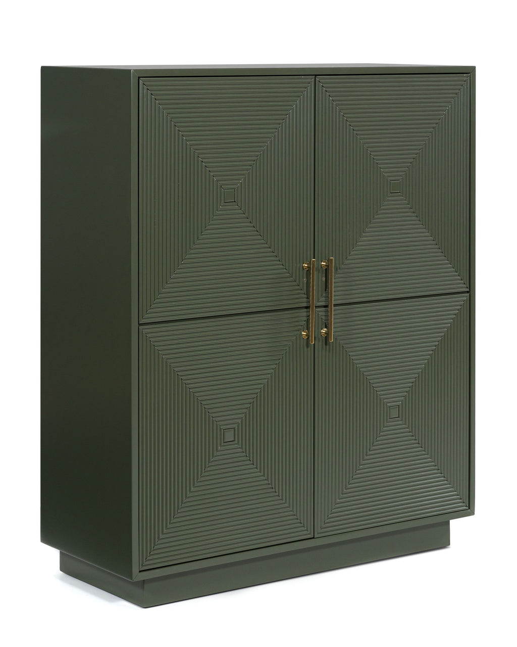 Dark green accent cabinet with two patterned doors and brass-tone double handles