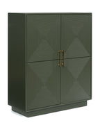 Dark green accent cabinet with two patterned doors and brass-tone double handles