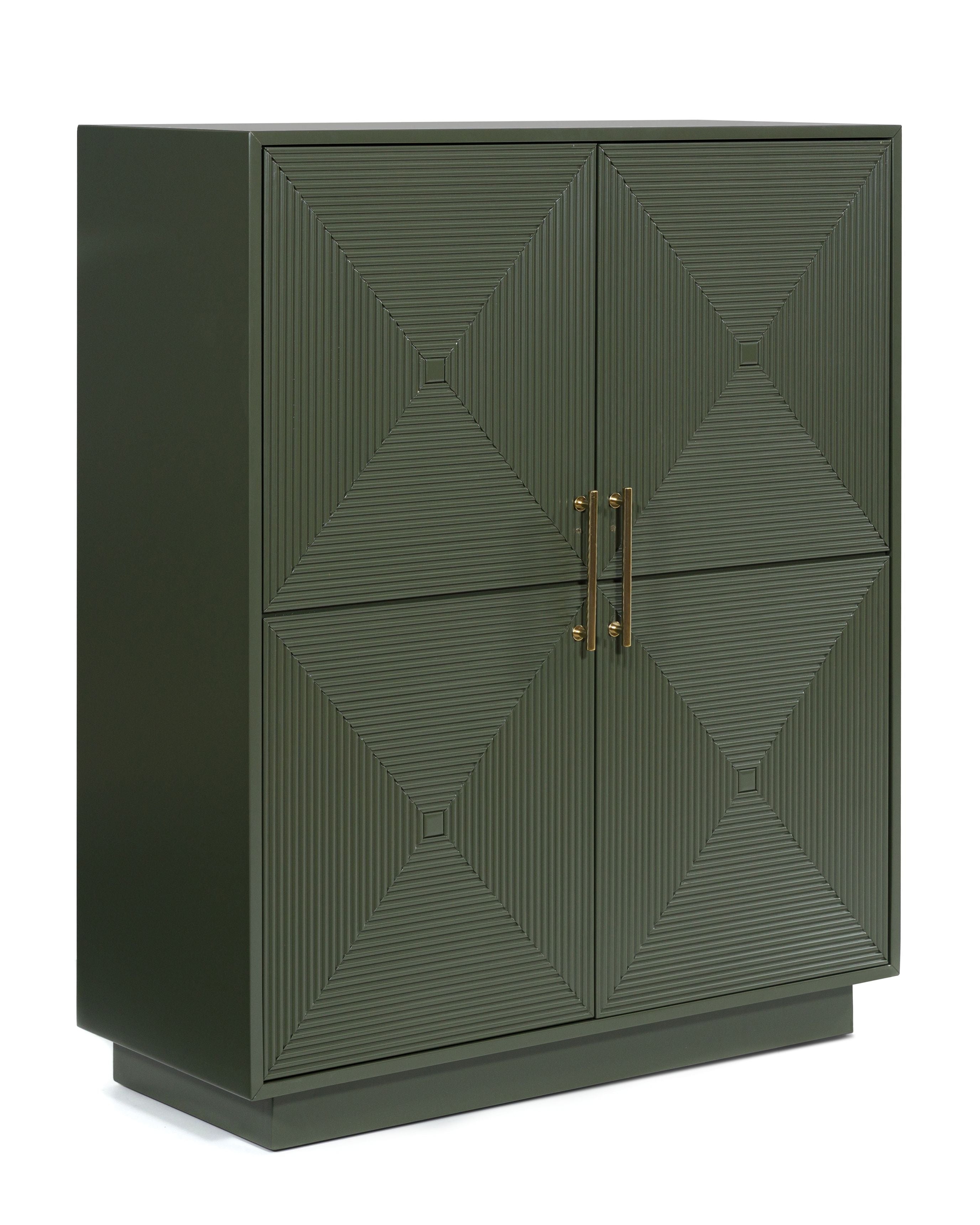 Dark green accent cabinet with two patterned doors and brass-tone double handles
