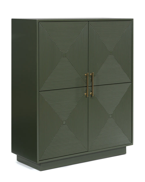 Dark green accent cabinet with two patterned doors and brass-tone double handles
