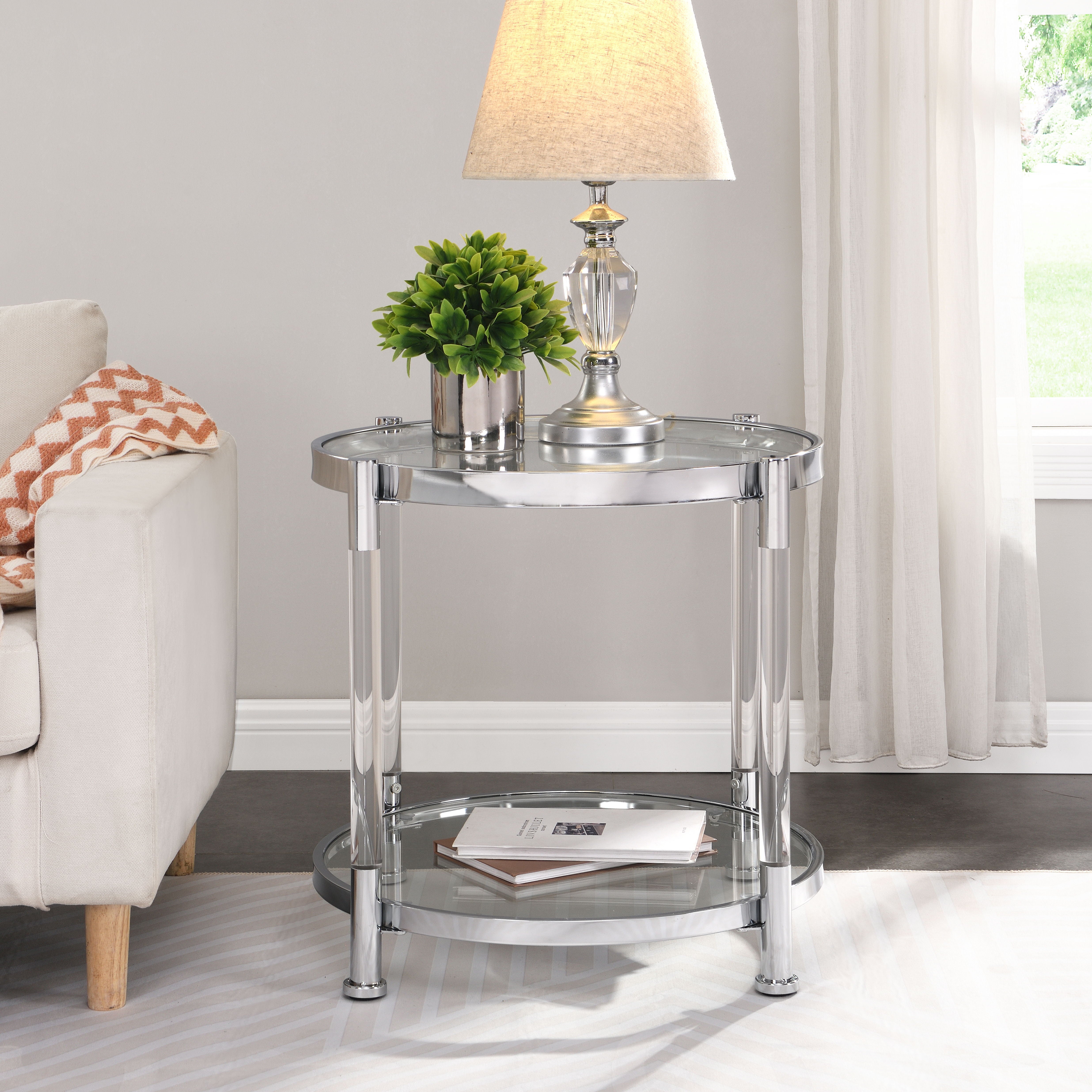 Contemporary Acrylic End Table, Side Table With Tempered Glass Top, Chrome / Silver End Table For Living Room & Bedroom