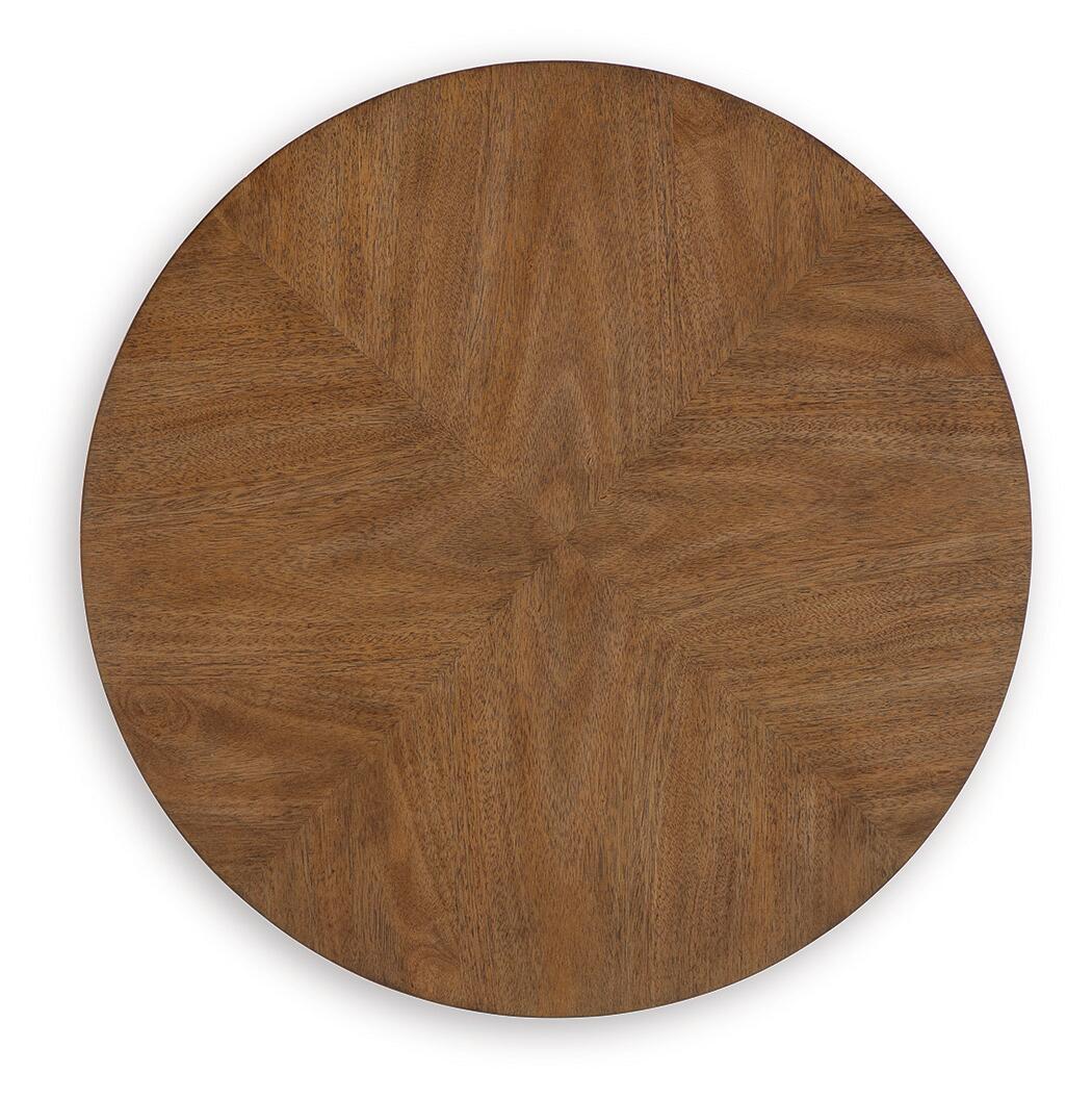 Round light brown wooden tabletop with wood-grain pattern