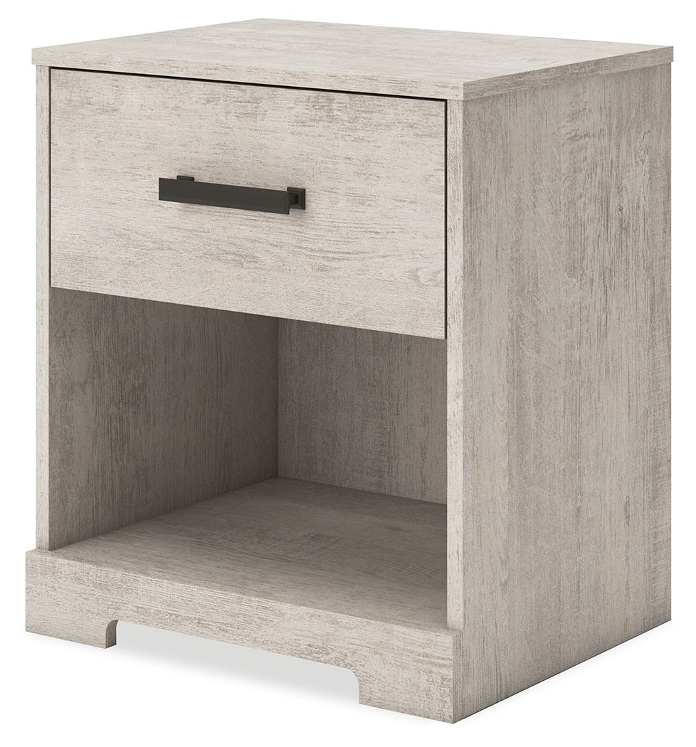 Whitewash one-drawer night stand with black bar pull and open storage compartment
