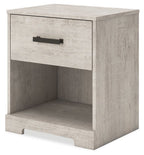 Whitewash one-drawer night stand with black bar pull and open storage compartment