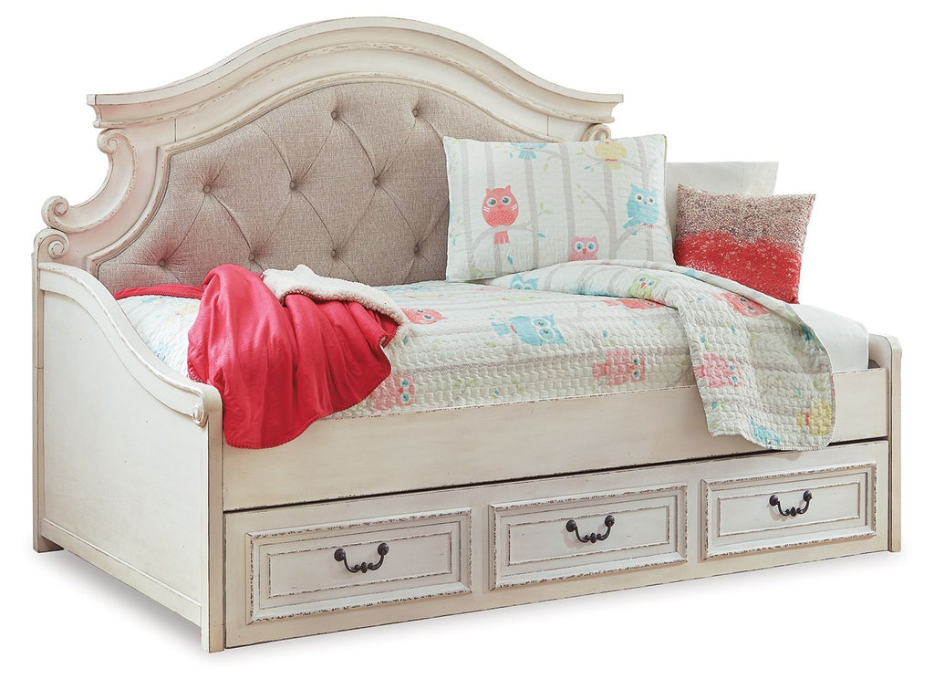 Twin day bed with storage, chipped white finish, upholstered tufted headboard and rails