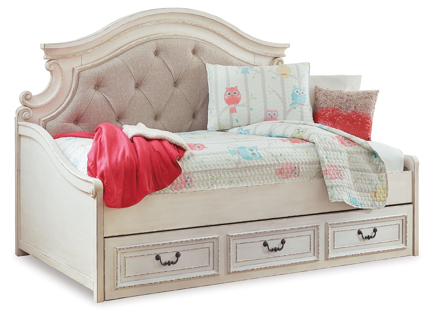Twin day bed with storage, chipped white finish, upholstered tufted headboard and rails