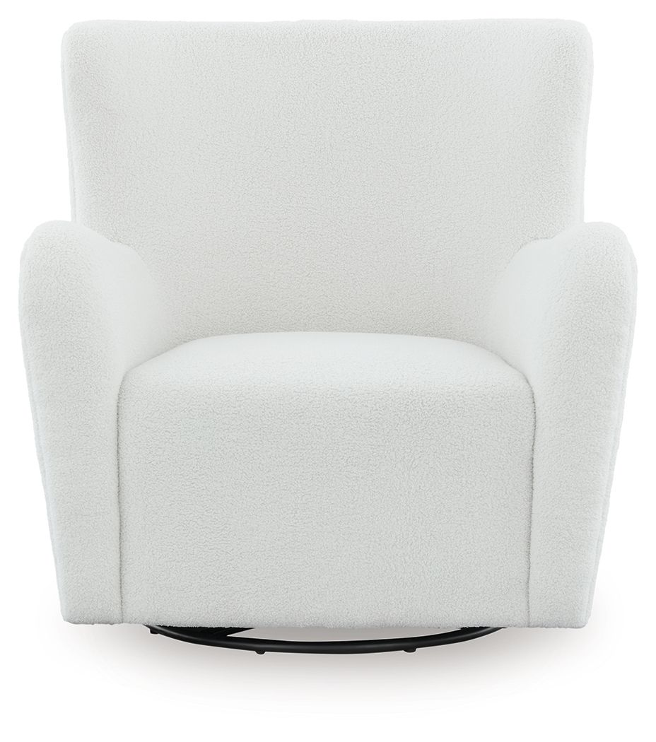 White swivel glider accent chair with tall back, padded seat, and black circular swivel base