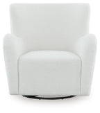 White swivel glider accent chair with tall back, padded seat, and black circular swivel base