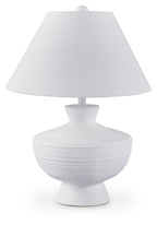 White poly table lamp with ribbed spherical base and drum shade