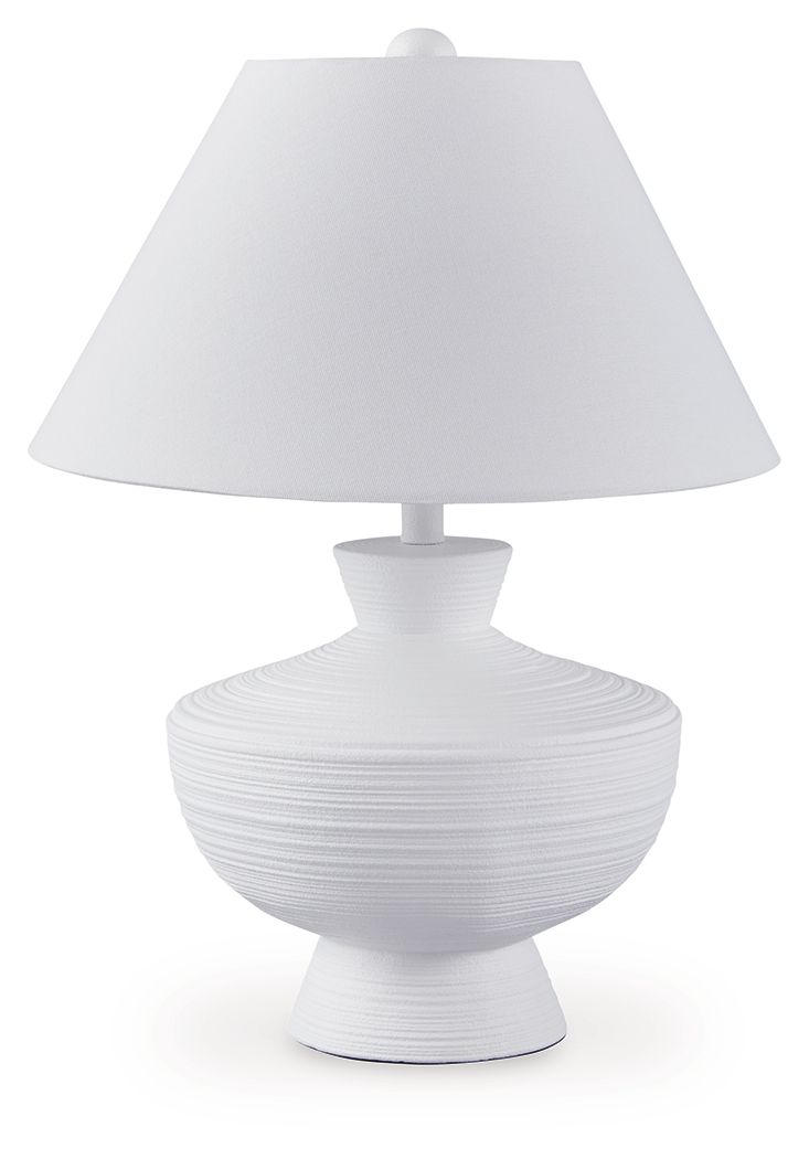 White poly table lamp with ribbed spherical base and drum shade