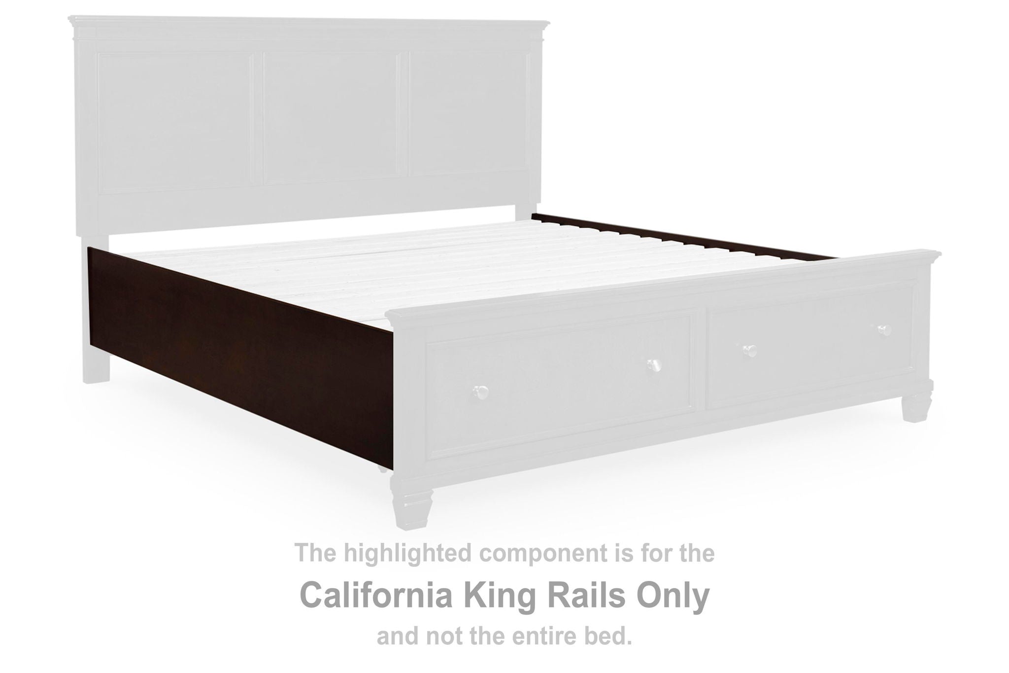 California king bed rails in brown with white panels