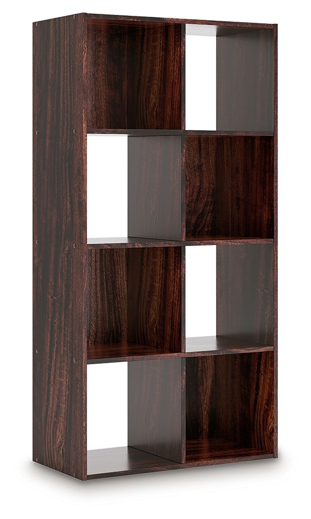 Dark brown cube organizer with open cubbies stacked in a tall, grid-like frame.