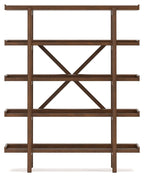 Brown wooden bookcase with open shelves and centered X cross-brace