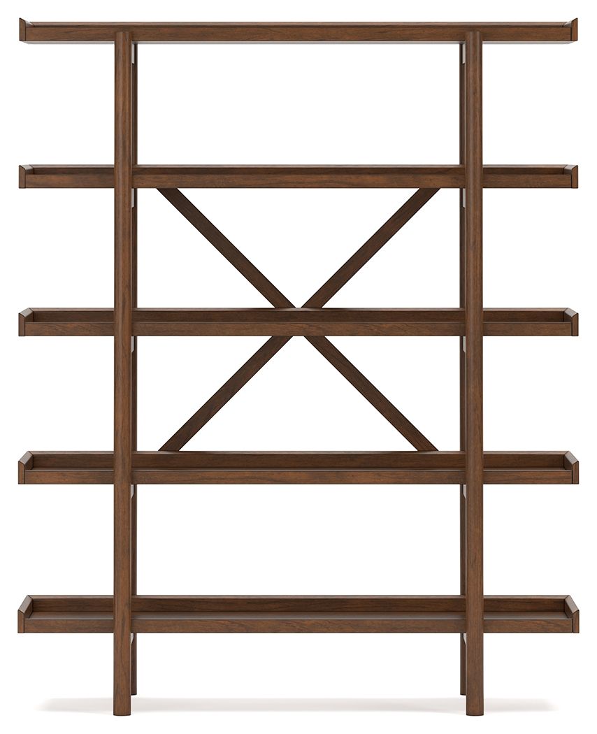 Brown wooden bookcase with open shelves and centered X cross-brace