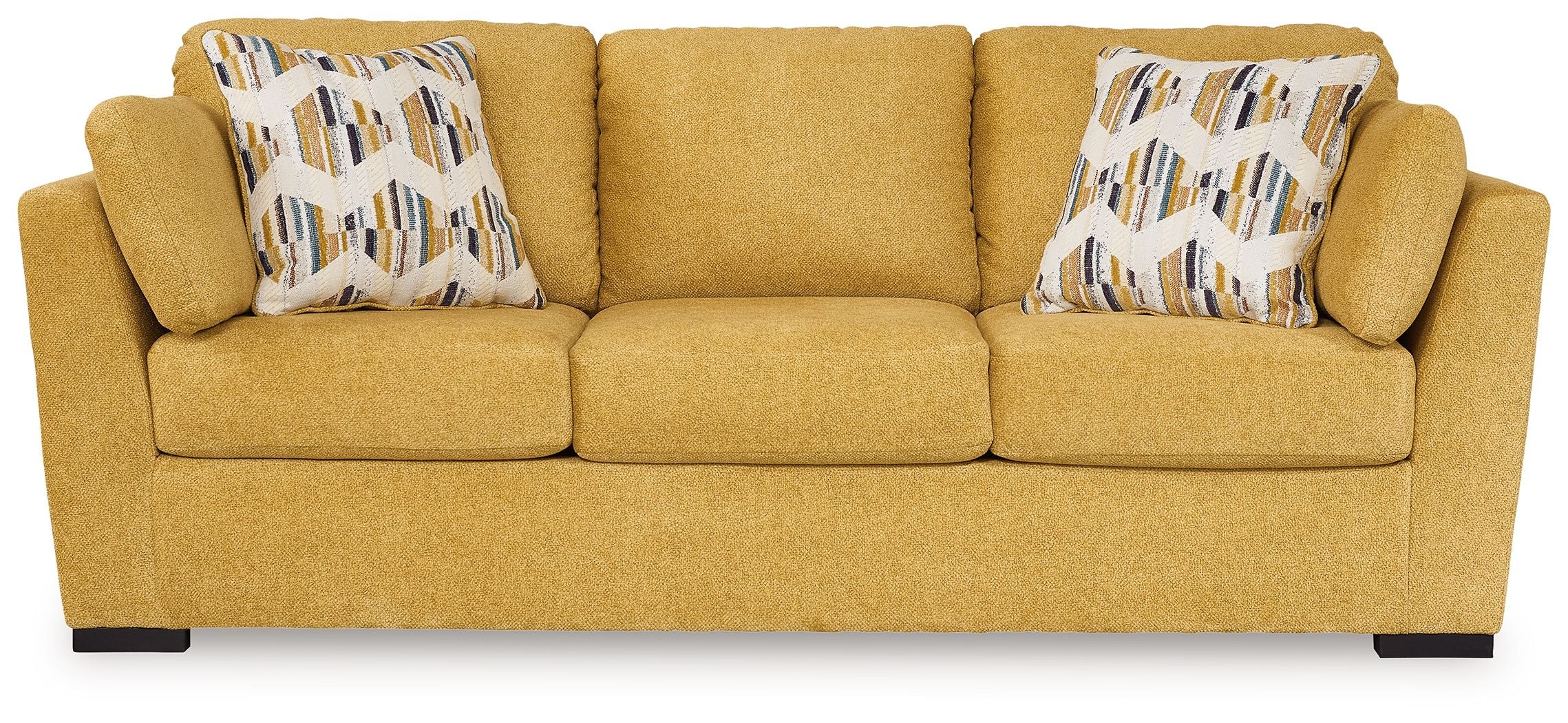Sunflower sofa sleeper with three-seat cushions and two patterned throw pillows