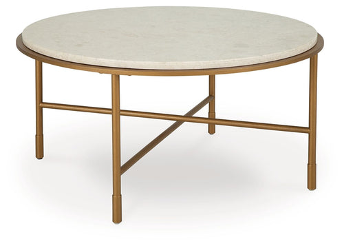 Round coffee table with light stone-look top, gold frame, and X-style support bar.