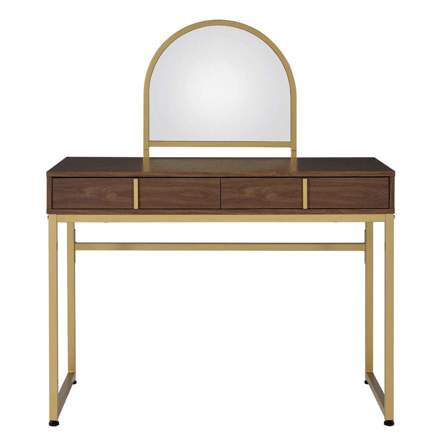 Walnut Gold Vanity Desk with Mirror & 2 Drawers, Jewelry Tray