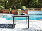 Gray square outdoor dining table with smooth top and four straight legs