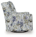 Swivel accent glider chair in blue and green speckled patterned fabric, cushioned arms