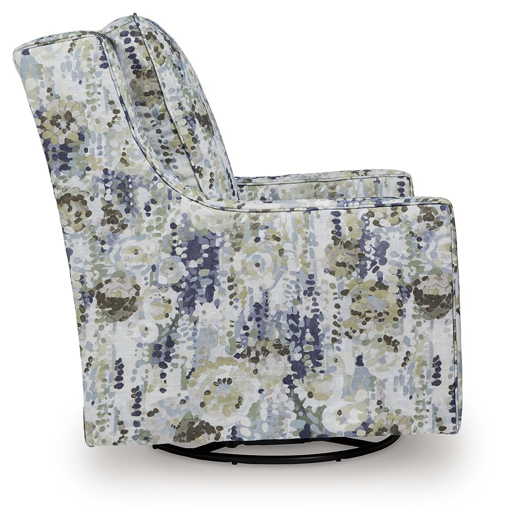 Swivel accent glider chair in blue and green speckled patterned fabric, cushioned arms
