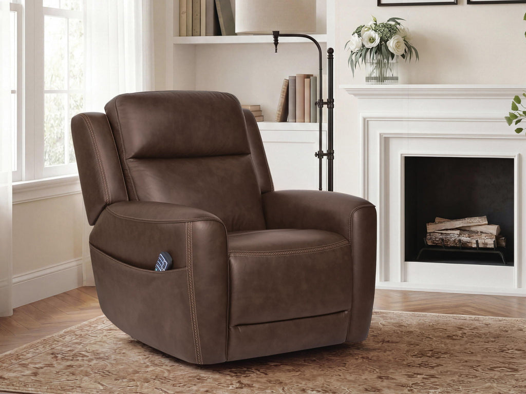 Dark brown power lift recliner with plush arms and back, shown in a home interior