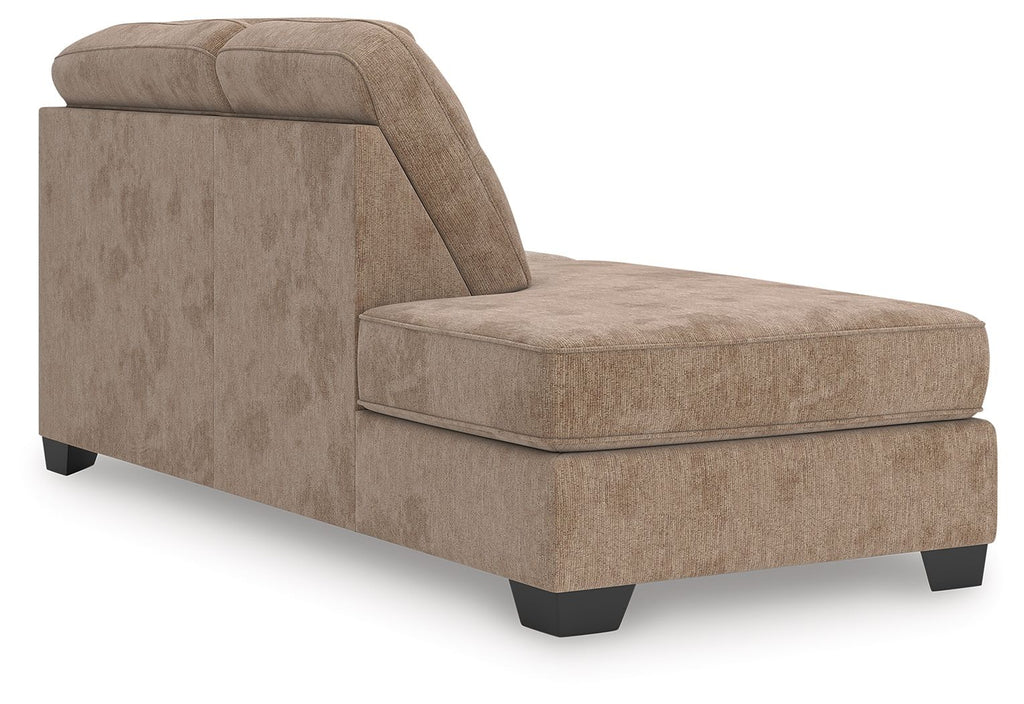 Mocha chaise section with tall armrest, cushioned seat, and dark legs