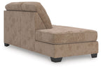 Mocha chaise section with tall armrest, cushioned seat, and dark legs