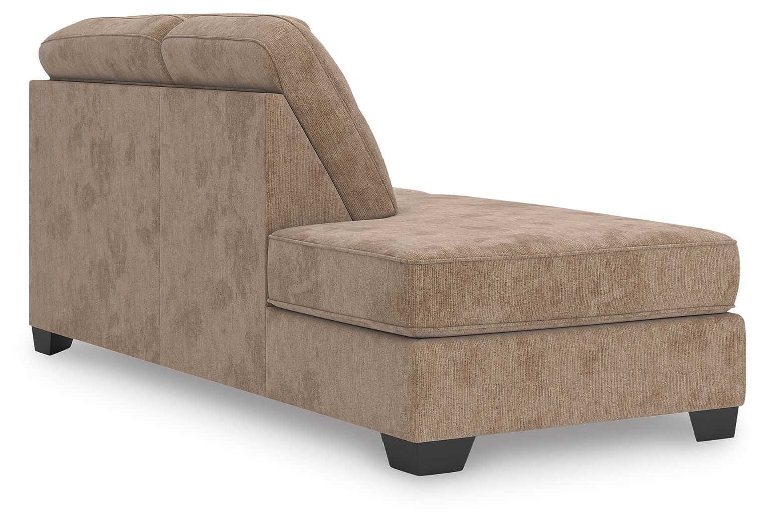 Mocha chaise section with tall armrest, cushioned seat, and dark legs