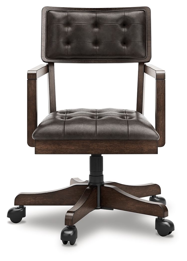 Dark brown tufted office chair with padded back and seat, swivel base
