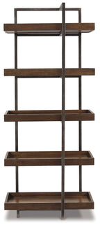 Brown wood pier shelf with gunmetal frame, four open levels, straight shelving