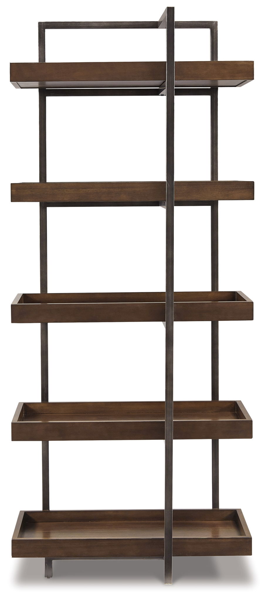 Brown wood pier shelf with gunmetal frame, four open levels, straight shelving