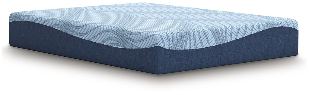 Blue memory foam mattress with wavy patterned top and dark blue side panel