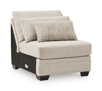 Beige armless upholstered chair with seat cushion, backrest, and dark wooden legs