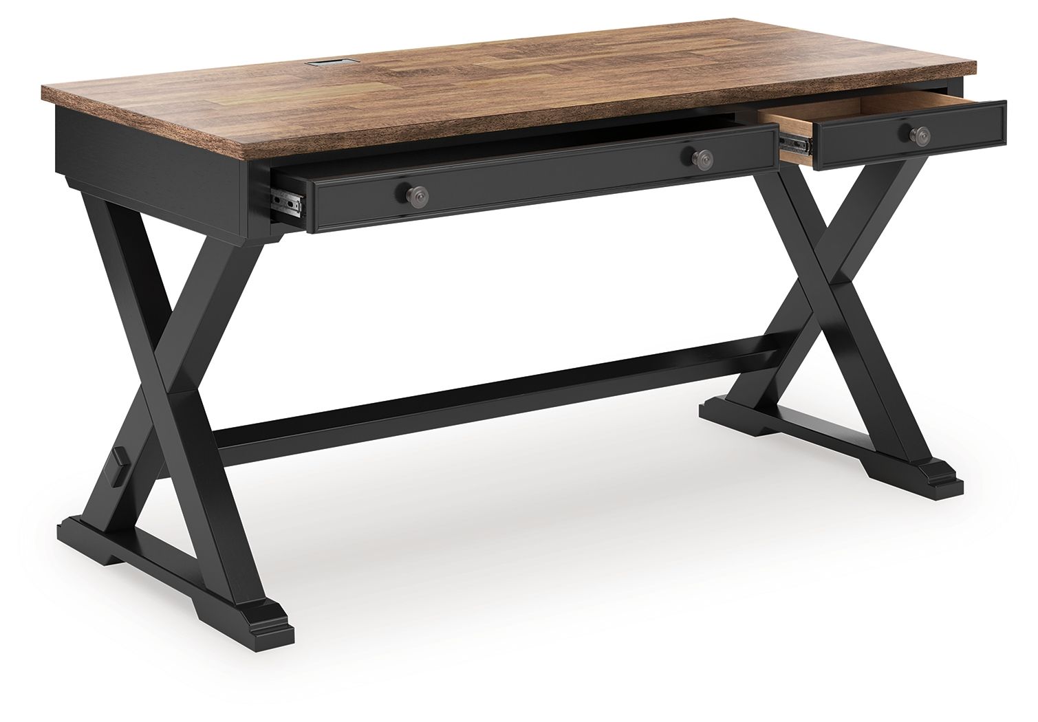 Wildenauer home office desk, brown wood top, black drawer with handle, X legs