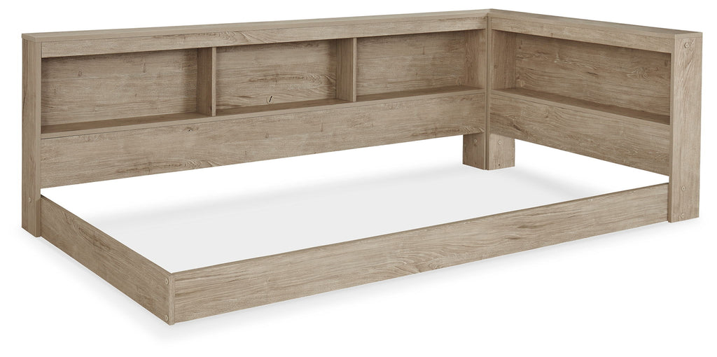 Beige storage bed with low frame and built-in headboard shelves