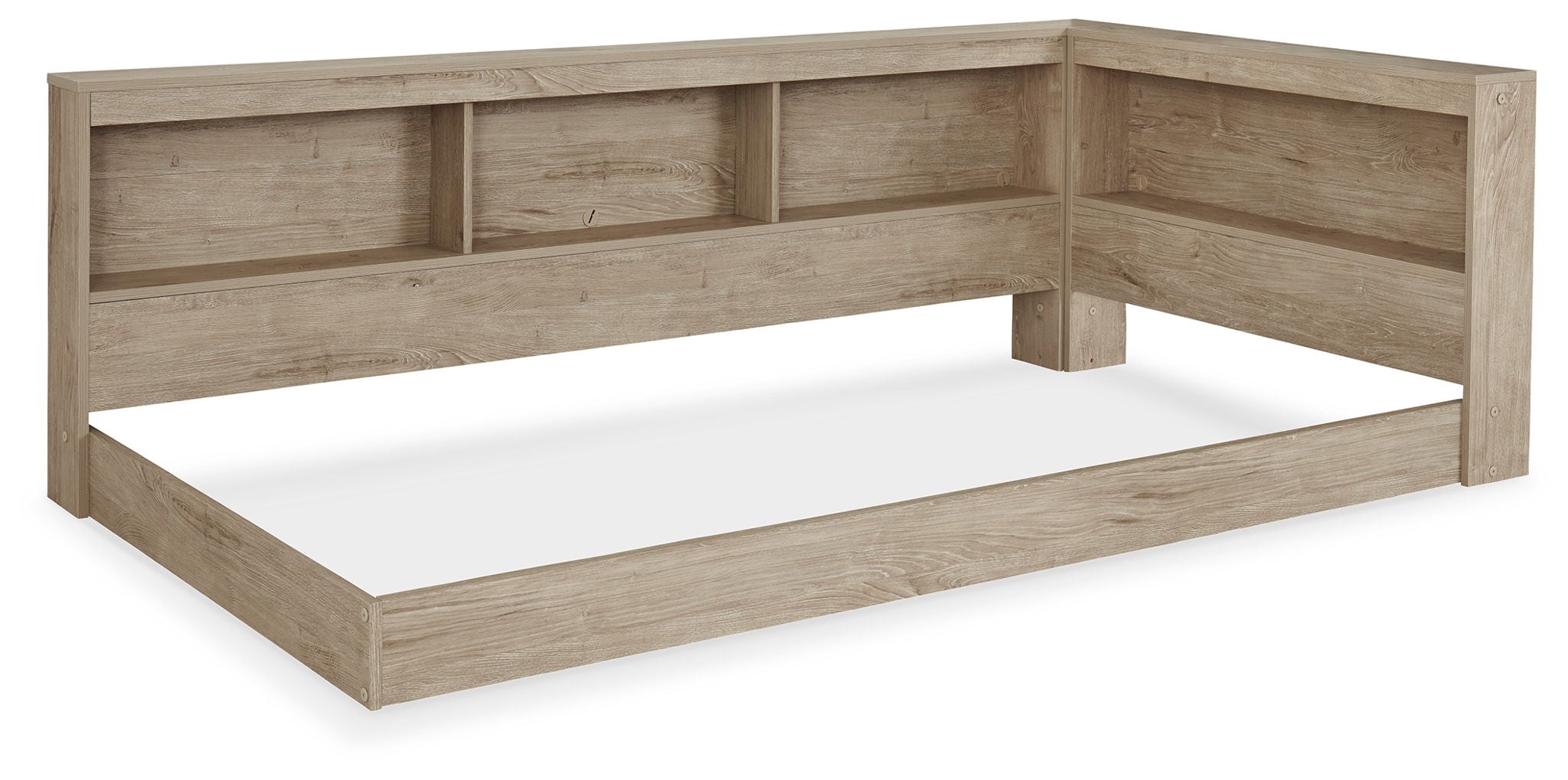 Beige storage bed with low frame and built-in headboard shelves
