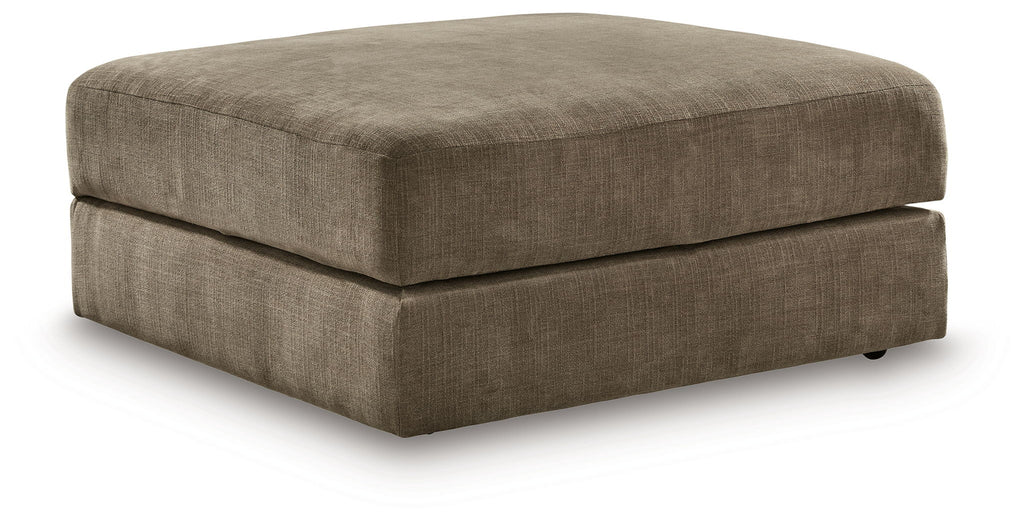 Coffee-toned fabric ottoman with storage, square padded top and low skirted base
